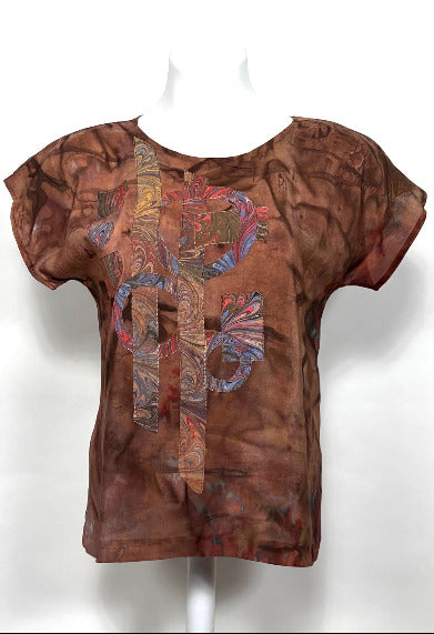 Brown hand dyed blouse with colorful abstract patterns on a white background