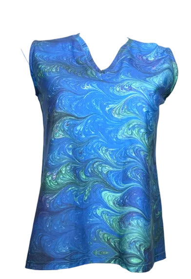 Blue and green marbled patterned top on a mannequin against a white background