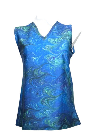 Blue and green marbled cotton sleeveless top on a mannequin against a white background