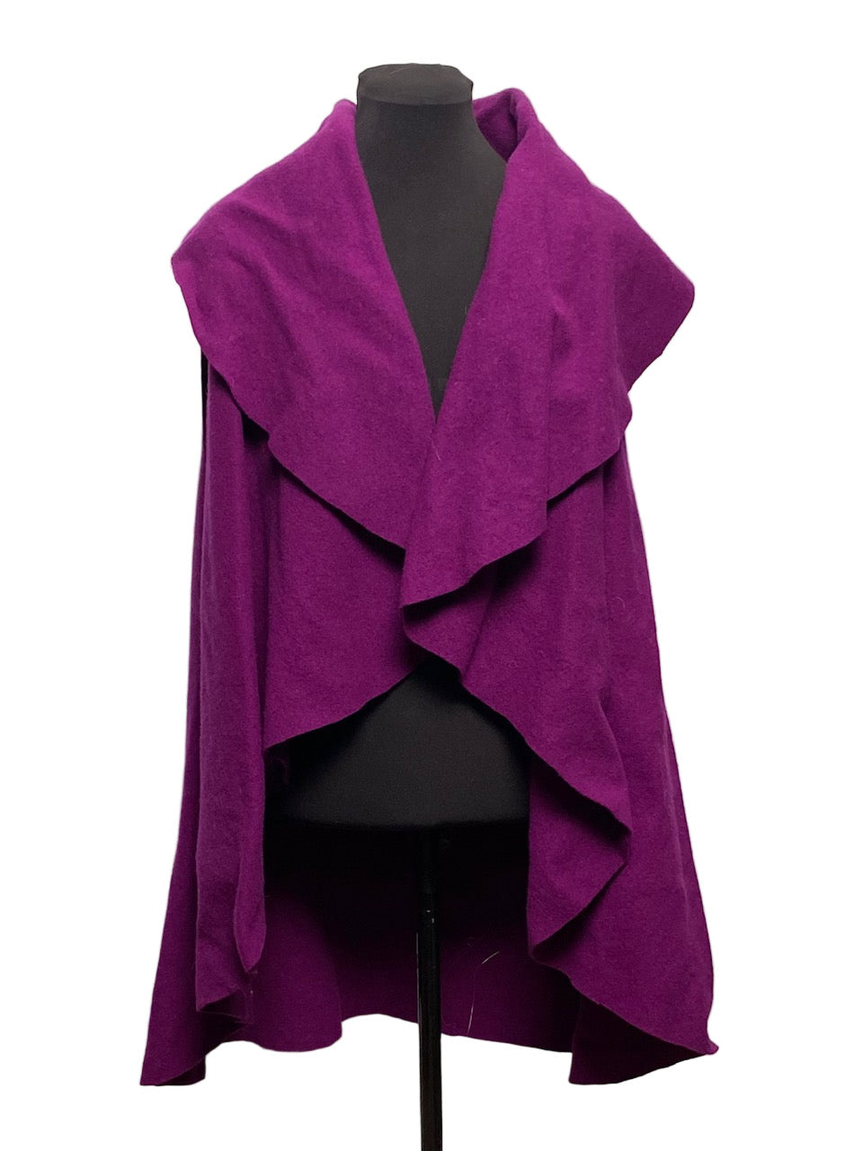 Violet draped wool vest on a mannequin against a plain background