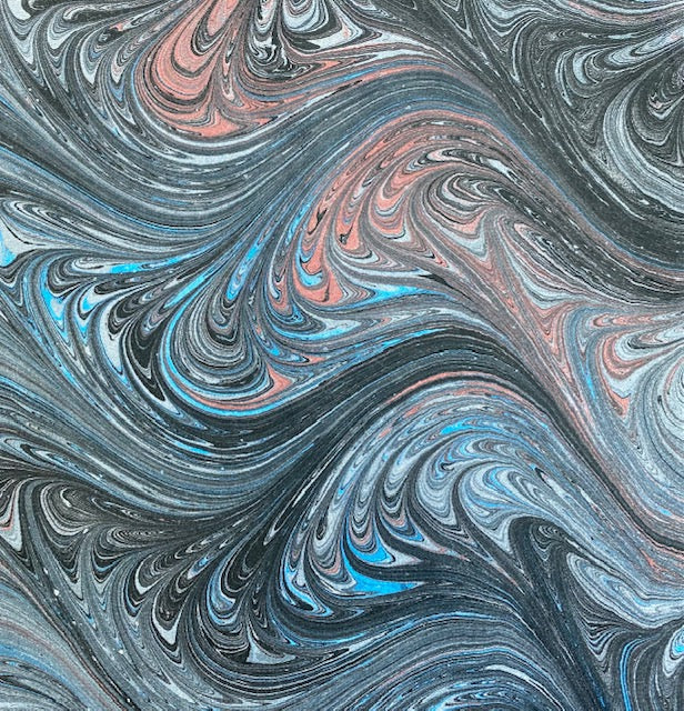 Marbled pattern with swirling colors of blue, sienna, and gray.