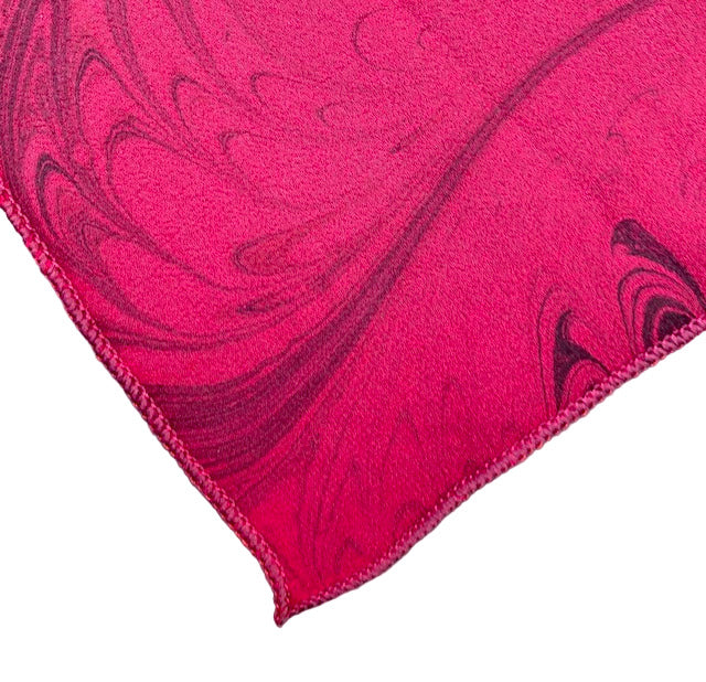 Close up of finished front edges of red marbled silk kimono jacket