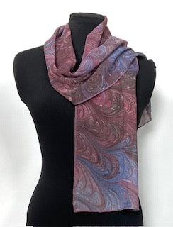 marbled silk chiffon scarf in cranberry, brown and blue gray colors