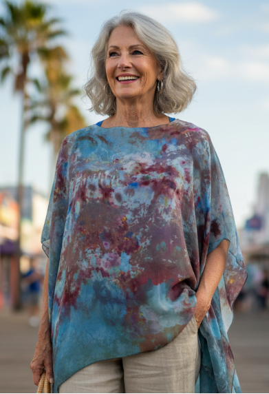 Woman wearing a colorful ice dyed poncho on a boardwalk