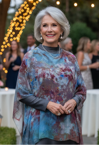 Woman in a colorful ice dyed silk chiffon poncho  and dark dress standing in an outdoor setting with decorative lights and people in the background.
