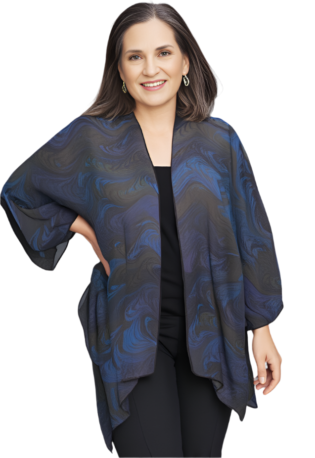 Woman wearing a blue and brown and blue marbled sheer silk wrap jacketagainst a neutral background