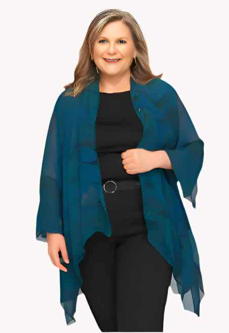 Woman wearing a hand marbled silk wrap/jacket over a black outfit on a white background