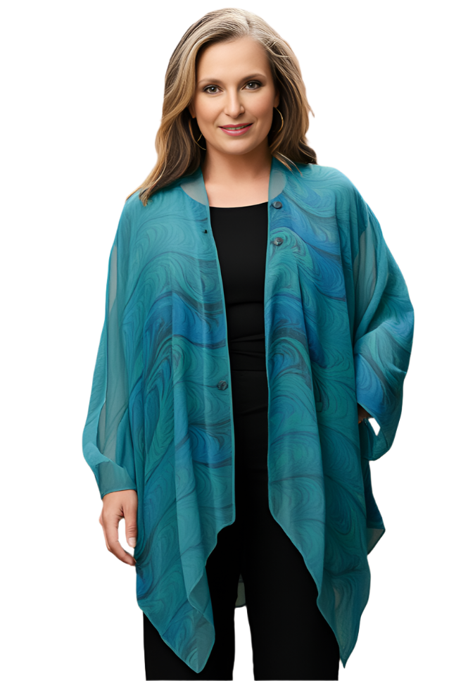 Woman wearing a marbled green and blue sheer silk wrap/jacket over a black outfit in front of white background