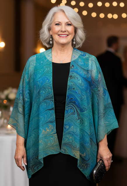 Woman wearing a green and aqua marbled silk wrap jacket in a formal event setting