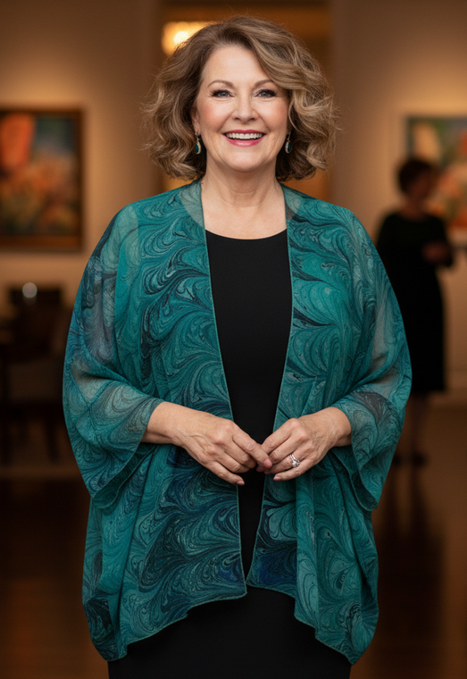 Woman wearing a teal marbled silk jacket over a black dress in an indoor setting.