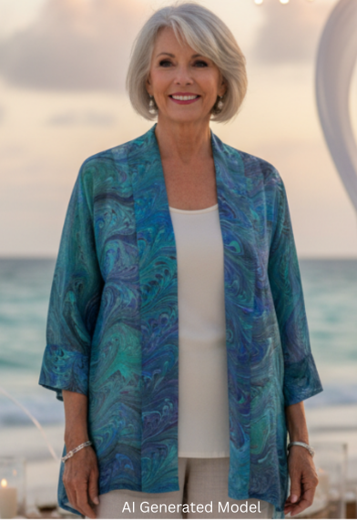 Woman on a beach wearing a marbled silk sheer ocean blues jacket .  AI generated model