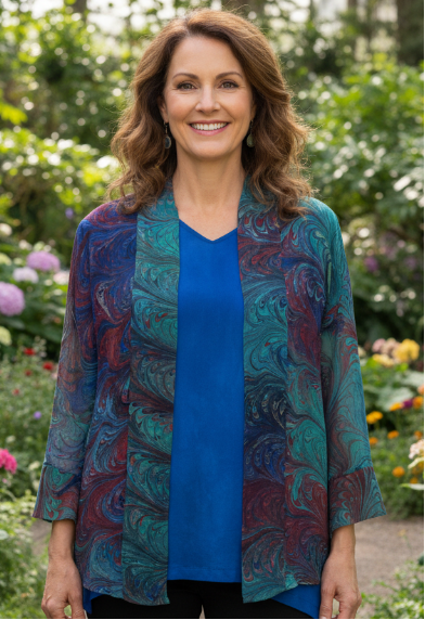 woman wearing a marbled silk kimono jacket in green, blue, red standing in a garden