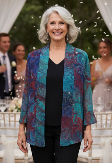 Woman in a colorful marbled silk chiffon jacket standing in a decorated outdoor setting with tables and people.