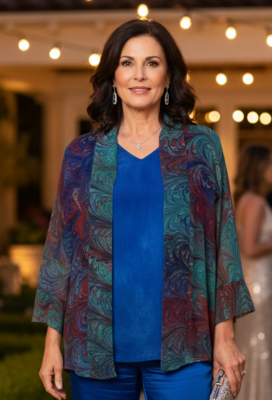 Woman wearing a marbled silk kimono jacket in green with red and blue accents standing outdoors at an event.