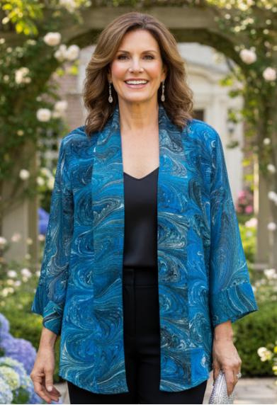 Woman in a blue marbled silk jacket standing in a garden 