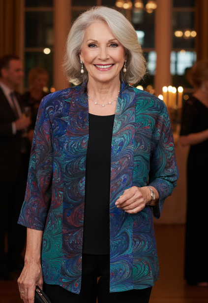 Woman in a beautiful marbled silk jacket standing in an elegant indoor setting with other people.