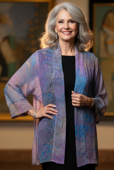 Woman wearing a marbled silk sheer jacket in an art gallery setting