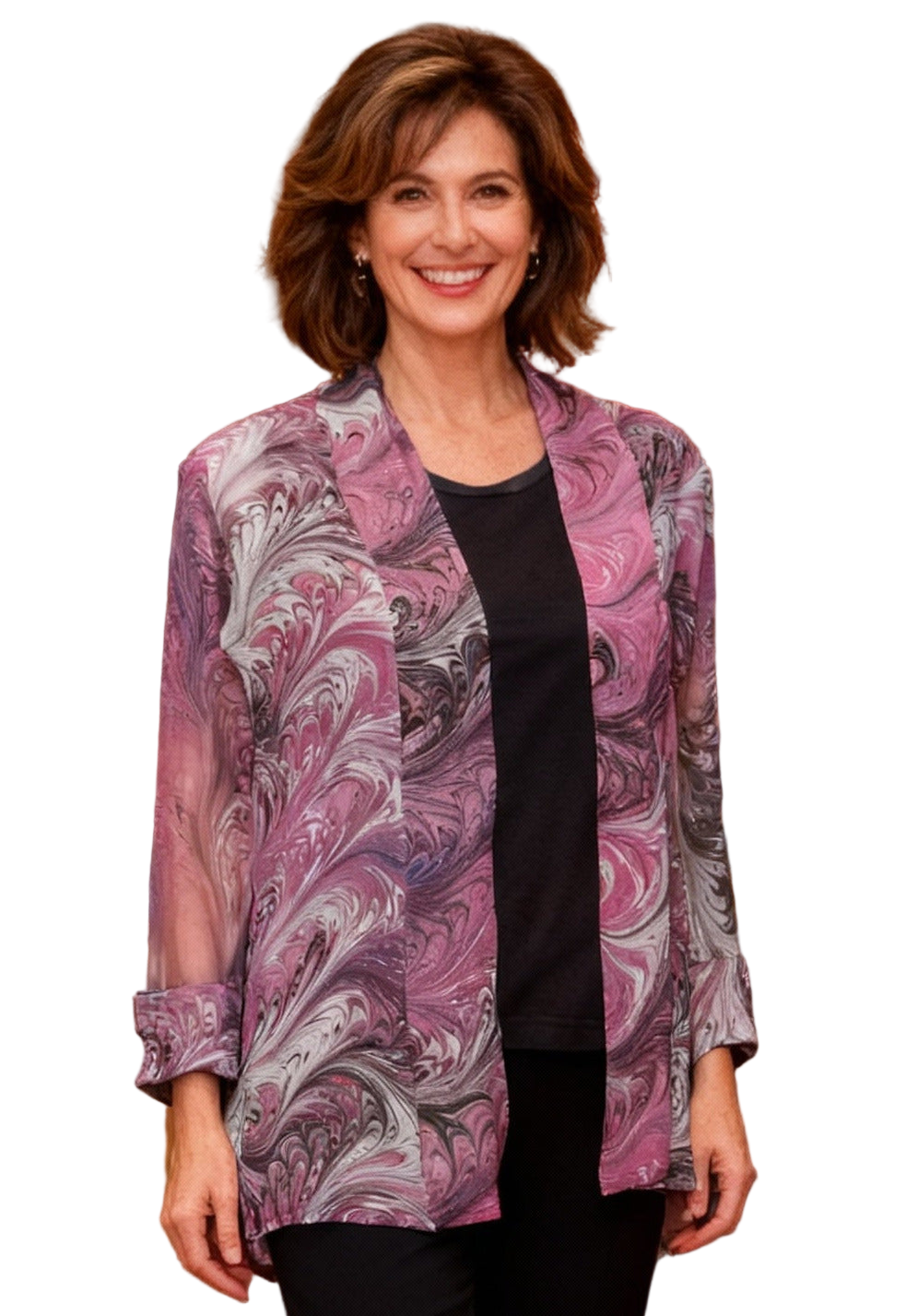 One Size Marbled Silk Sheer Kimono in Pinks