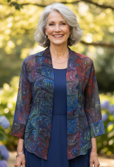 woman wearing a multicolored sheer hand marbled silk kimono style jacket over a solid dress standing outdoors