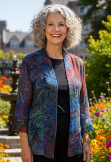 Woman wearing a marbled sheer jackets standing in a garden filled with colorful flowers