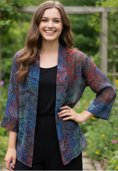 Woman wearing a sheer multicolor hand marbled silk acket in a garden setting