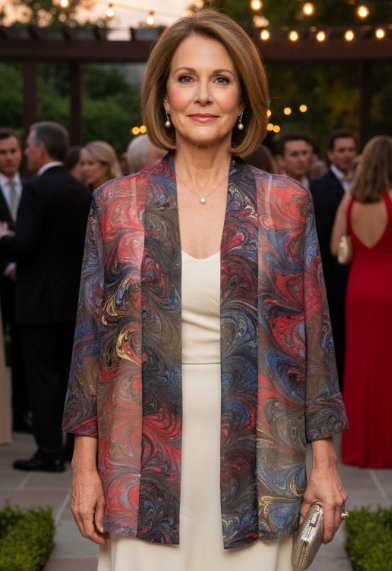 Woman in a brown marbled silk kimono jacket over a long white dress at an outdoor event.