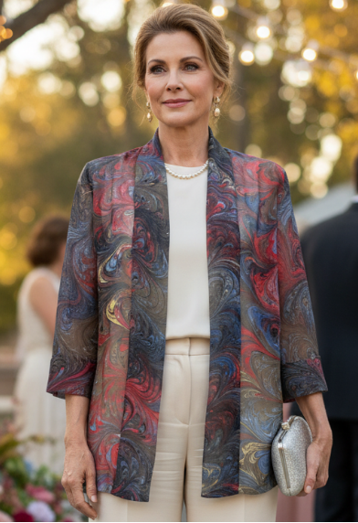 Woman in a brown marbled silk kimono jacket and white pants standing outdoors with blurred people and decorations in the background