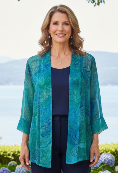 woman wearing a silk chiffon kimono jacket in soft aquas and greens