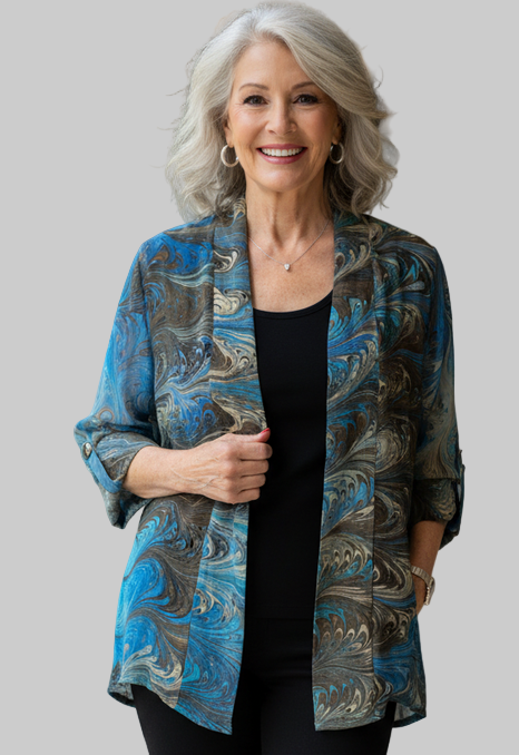 Woman wearing a blue brown and cream   hand marbled silk jacket