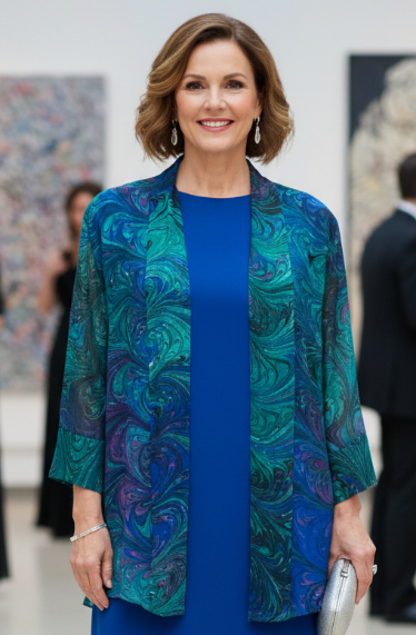 Woman in a marbled silk sheer kimono jacket in an indoor setting