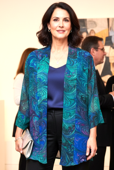 Woman in a marbled silk sheer kimono jacket and black pants standing in an art gallery.
