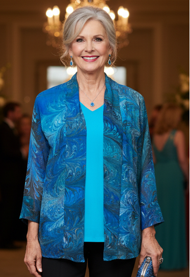 Woman in a blue marbled silk jacket and black pants standing in a formal event setting.
