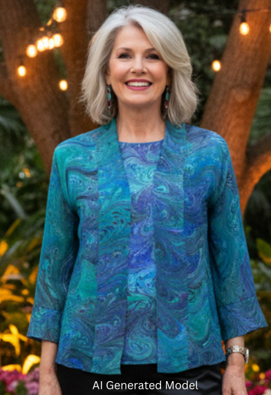 Woman in a blue green and aqua marbled silk jacket and black pants.  AI generated model