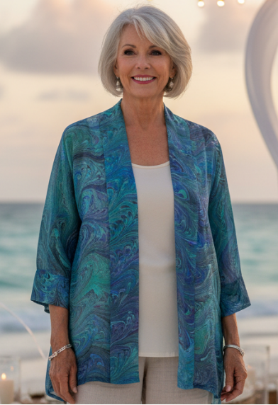 Woman on a beach wearing a marbled silk sheer ocean blues jacket 