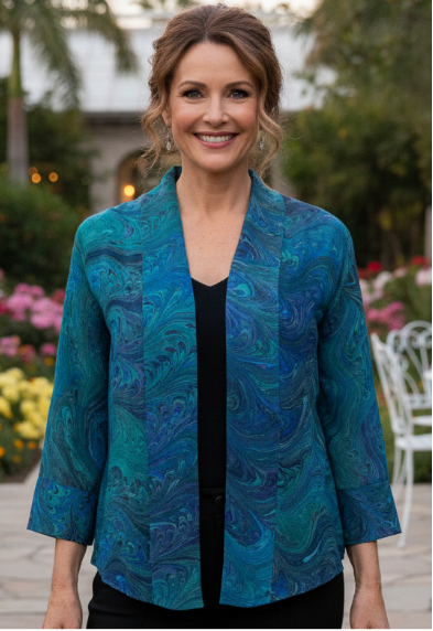 woman wearing a marbled silk chiffon jacket with black top and pants.  