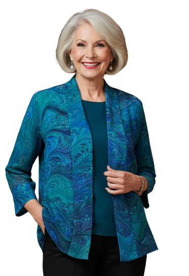 Woman in a blue green and aqua marbled silk jacket and black pants standing in a formal setting with blurred people in the background.