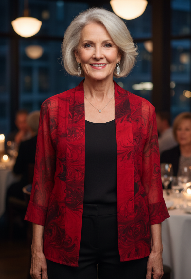 Woman in a red jacket with intricate black marbling standing in a formal event setting 