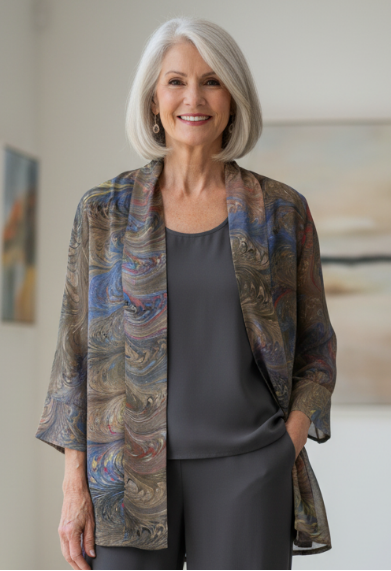Woman wearing a marbled silk kimono jacket over a gray outfit in a bright room.