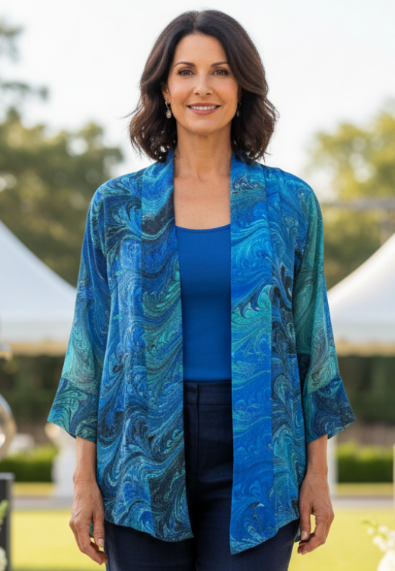 Woman wearing a marbled silk kimono style jacket and dark pants standing outdoors with decorative elements in the background.
