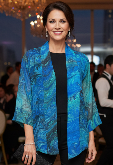 Woman in a marbled silk blue and green kimono style jacket and black pants standing in an elegant indoor setting.