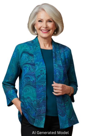 Woman in a blue green and aqua marbled silk jacket and black pants on a white background.  AI generated model