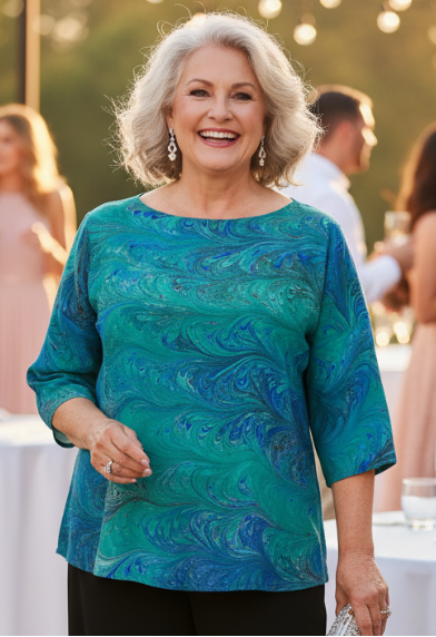 Woman in a emeralds tone marbled silk top and black pants standing at an outdoor event with tables and people in the background.