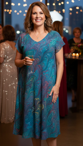 Woman in a marbled silk hunter green dress with highlights of red and gold standing in a formal event setting with city lights in the background
