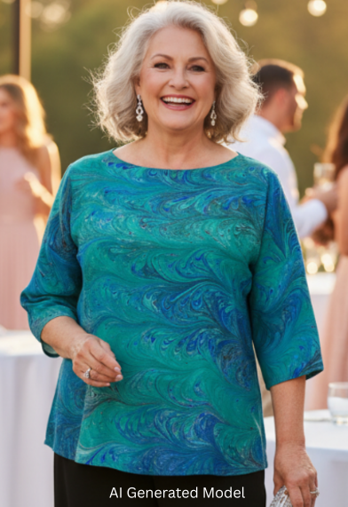 Woman in a emeralds tone marbled silk top and black pants standing at an outdoor event with tables and people in the background. AI Generated Model