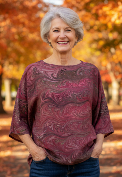 Woman wearing a marbled silk top in cranberry and browns standing in an autumn park with trees in the background