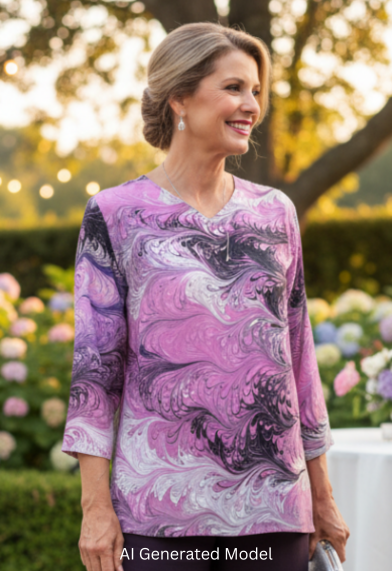 Woman wearing a marbled silk pink patterned top standing in an outdoor setting with tables and chairs.  AI generated model