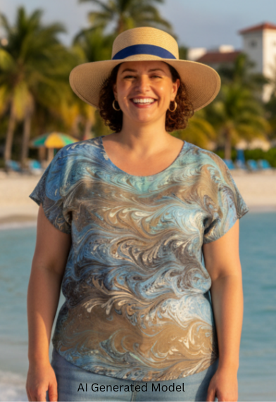 Woman standing on a beach wearing a marbled silk top and jeans with palm trees and a building in the background.  AI Generated model