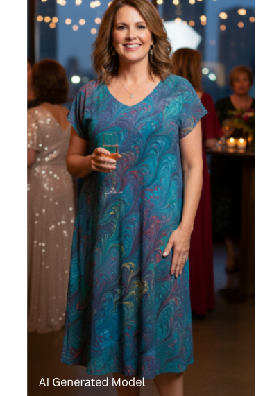 Woman in a marbled silk hunter green dress with highlights of red and gold standing in a formal event setting with city lights in the background.  AI generated models