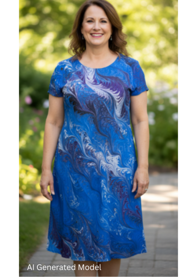 Woman wearing a marbled silk blue, purple & white dress  standing outdoors.  AI generated model.