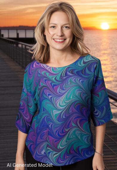 Woman wearing a marbled silk shirt standing on a dock at sunset.  AI generated model.